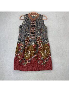Lucky & Coco Dress Womens Large Multicolor Paisley Beaded Boho Cotton Shift